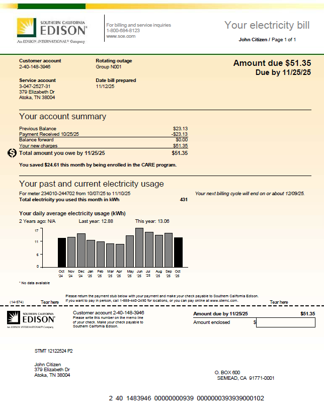 USA Southern California Edison utility bill template in Word and PDF formats, version 3